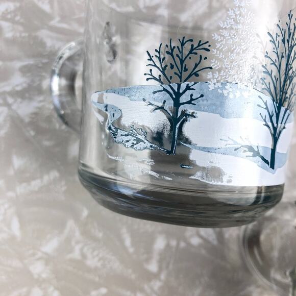 Vintage 1970's Anchor Hocking Blue White Winter Tree Glass Coffee Tea Mugs Cups - Picture 4 of 10